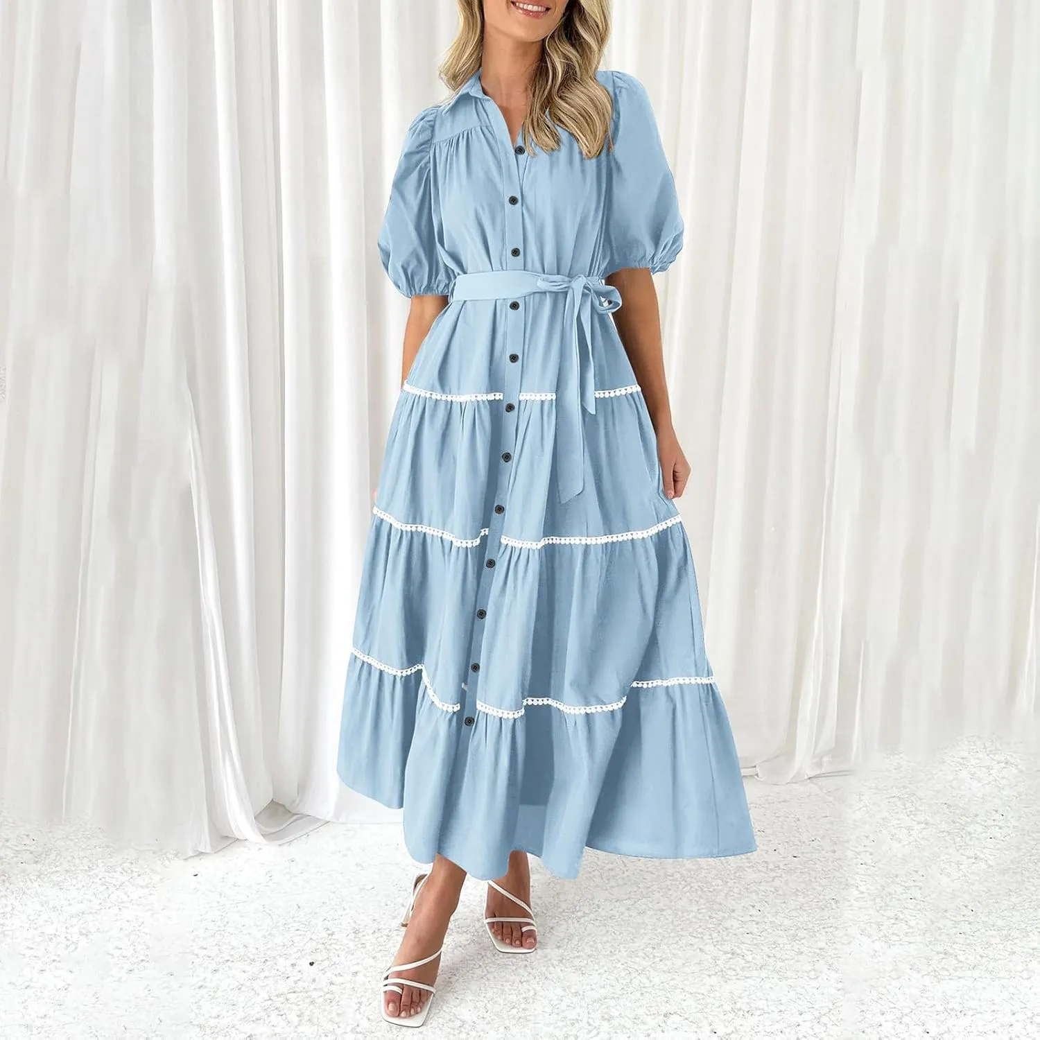 Women 2025 Summer Puff Sleeve Dresses Casual Tiered Ruffle Maxi Dress Ladies Elegant Lace-Up Waist Shirt Dress