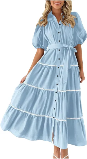 Women 2025 Summer Puff Sleeve Dresses Casual Tiered Ruffle Maxi Dress Ladies Elegant Lace-Up Waist Shirt Dress