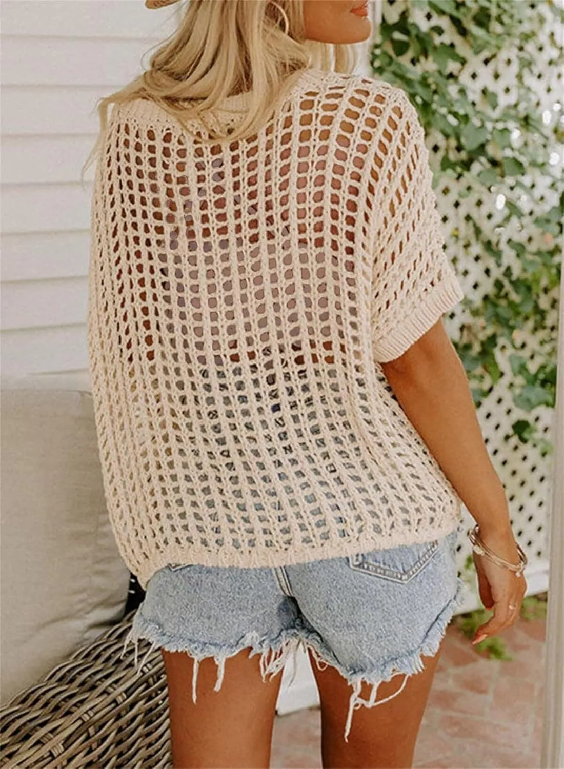 Women Beach Crochet Cover Ups Summer Knit Swimwear Hollow Out Crewneck Cap Sleeve T Shirt Tops Casual Swim Cover Up