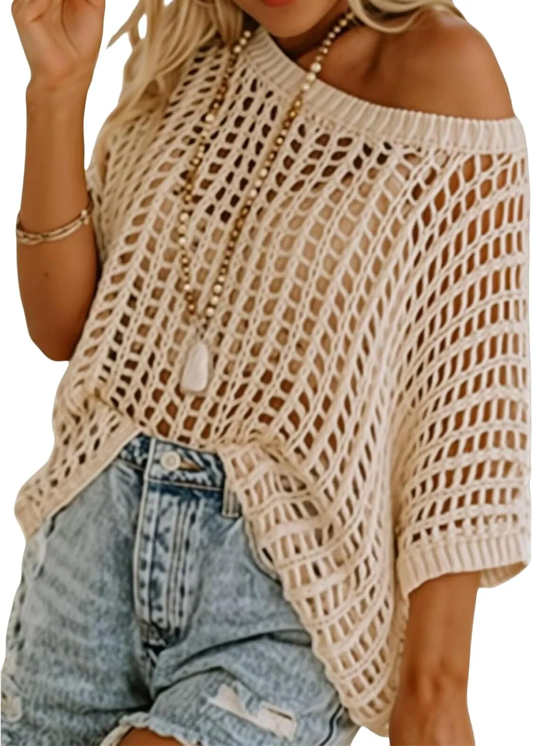 Women Beach Crochet Cover Ups Summer Knit Swimwear Hollow Out Crewneck Cap Sleeve T Shirt Tops Casual Swim Cover Up