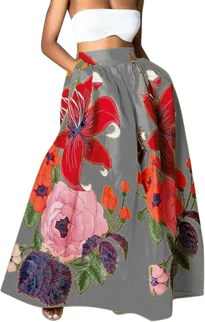 Women Casual 2025 Maxi Skirt Floral Flowy Bohemian Vintage A Line Trendy Dress Spring Beach Skirts with Pockets
