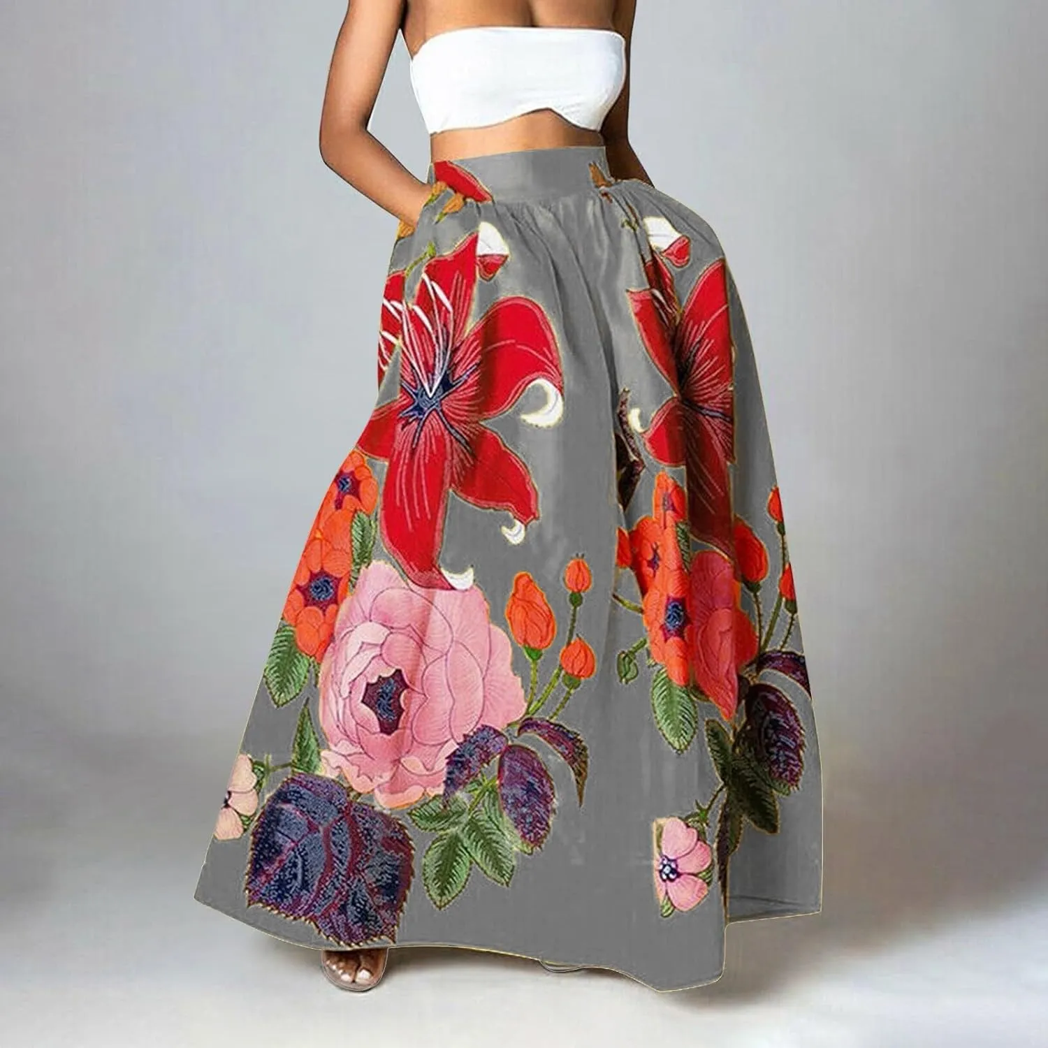 Women Casual 2025 Maxi Skirt Floral Flowy Bohemian Vintage A Line Trendy Dress Spring Beach Skirts with Pockets