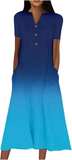 Women Casual Loose Bohemian Floral Dress with Pockets Short Sleeve Long Maxi Summer Beach Shift Dress