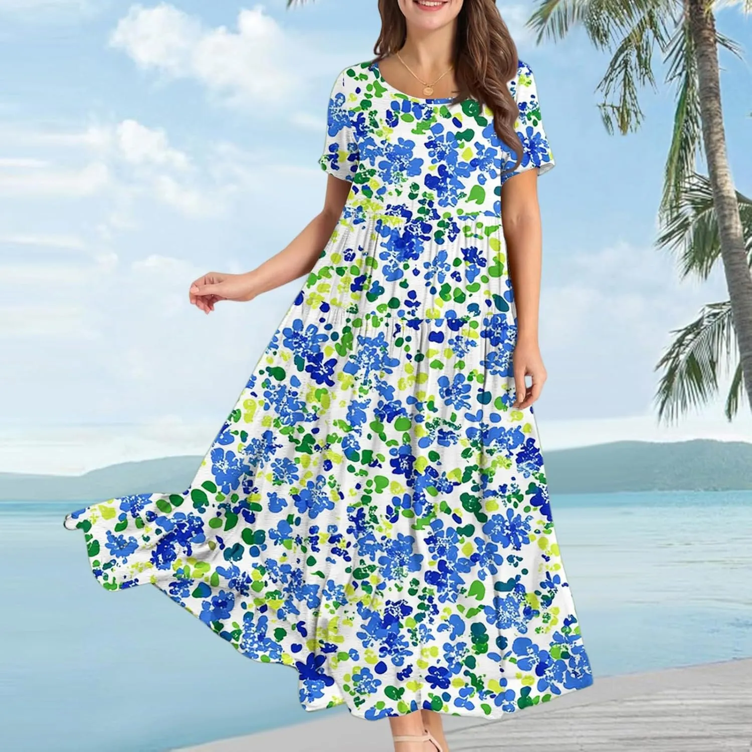 Women Casual Loose Fit Bohemian Floral Dress 2025 Plus Size Short Sleeve Long Maxi Summer Beach Swing Flowy Spring Dresses