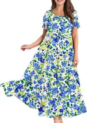 Women Casual Loose Fit Bohemian Floral Dress 2025 Plus Size Short Sleeve Long Maxi Summer Beach Swing Flowy Spring Dresses