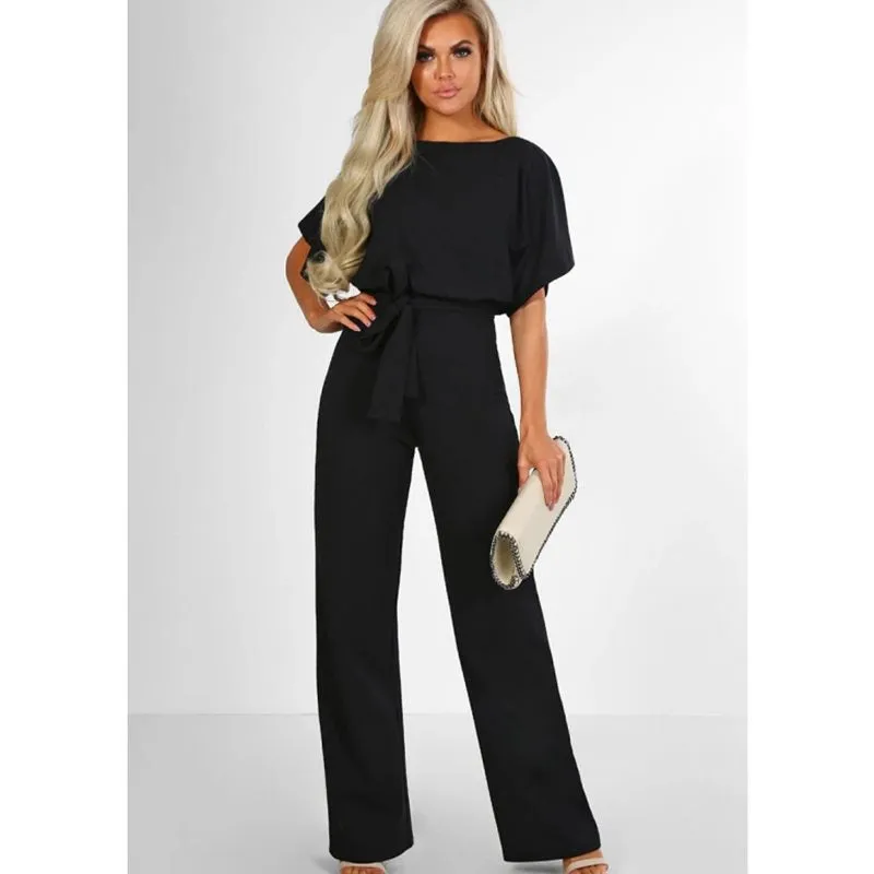 Women Casual Loose Short Sleeve Belted Wide Leg Pant Romper Jumpsuits