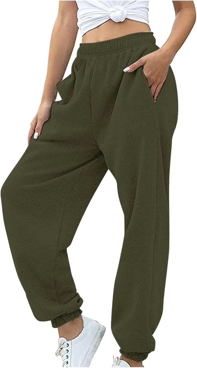 Women Casual Trendy Baggy Sweatpants with Pockets Oversize High Waist Gym Stretch Fit Jogger Pants Workout Lounge Trousers