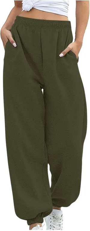 Women Casual Trendy Baggy Sweatpants with Pockets Oversize High Waist Gym Stretch Fit Jogger Pants Workout Lounge Trousers