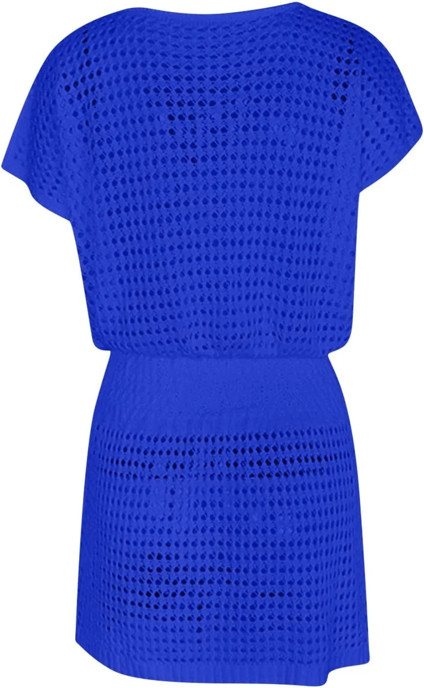 Women Crochet Swim Cover Up Short Sleeve V Neck Bathing Suit Beach Dresses Summer Swimwear Cover Up Resort Wear 2025