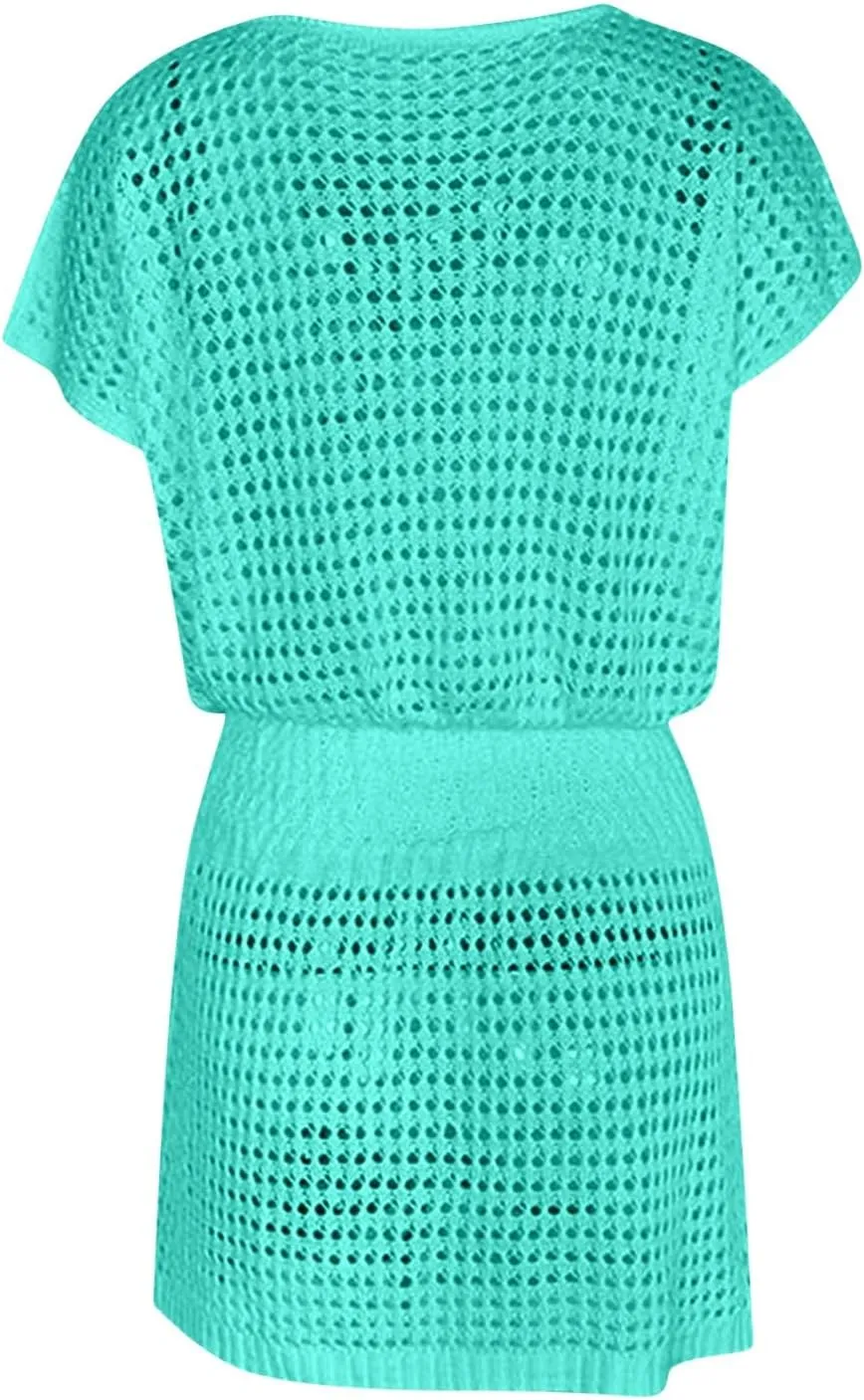 Women Crochet Swim Cover Up Short Sleeve V Neck Bathing Suit Beach Dresses Summer Swimwear Cover Up Resort Wear 2025