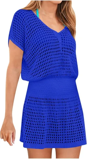 Women Crochet Swim Cover Up Short Sleeve V Neck Bathing Suit Beach Dresses Summer Swimwear Cover Up Resort Wear 2025