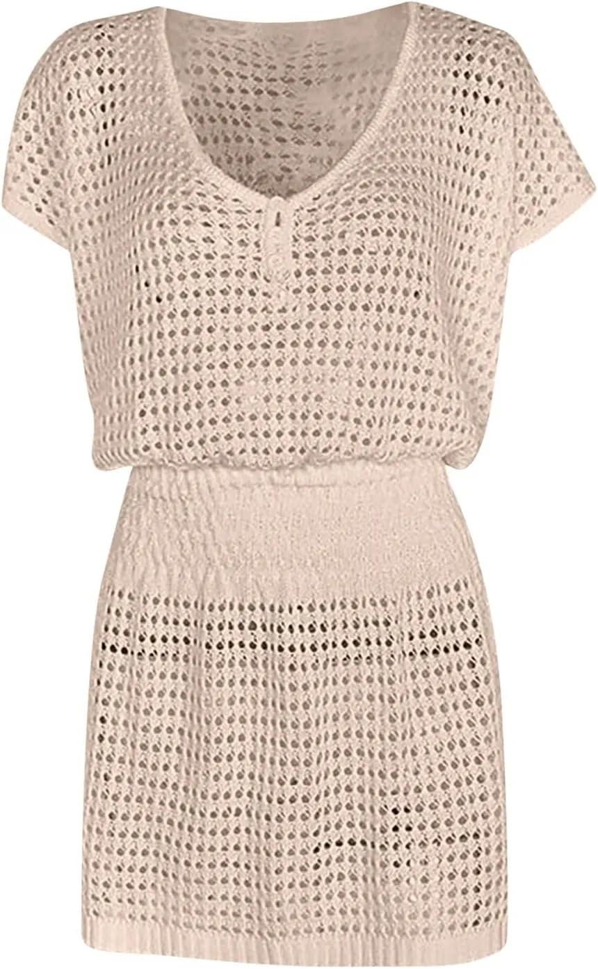 Women Crochet Swim Cover Up Short Sleeve V Neck Bathing Suit Beach Dresses Summer Swimwear Cover Up Resort Wear 2025
