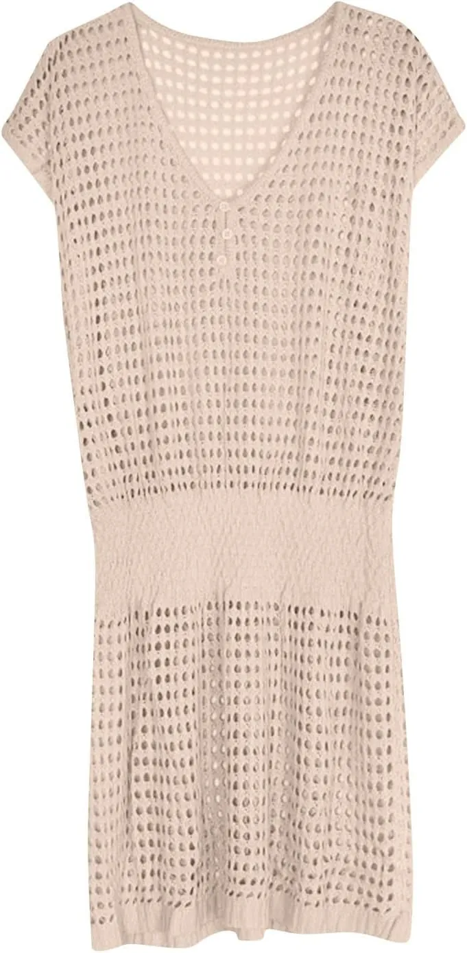 Women Crochet Swim Cover Up Short Sleeve V Neck Bathing Suit Beach Dresses Summer Swimwear Cover Up Resort Wear 2025