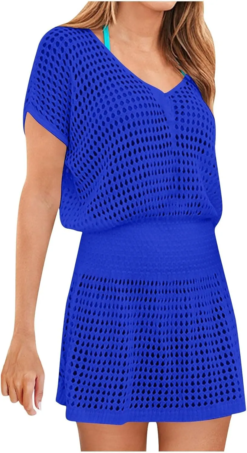 Women Crochet Swim Cover Up Short Sleeve V Neck Bathing Suit Beach Dresses Summer Swimwear Cover Up Resort Wear 2025