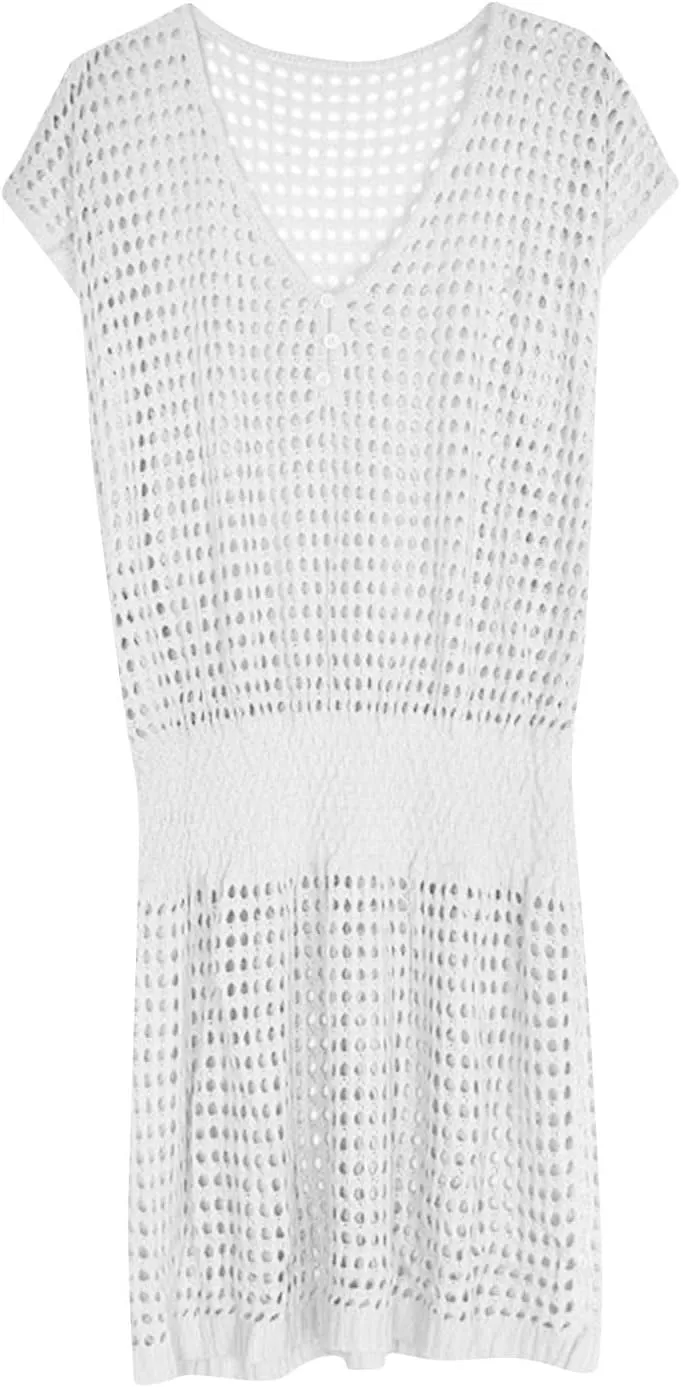 Women Crochet Swim Cover Up Short Sleeve V Neck Bathing Suit Beach Dresses Summer Swimwear Cover Up Resort Wear 2025
