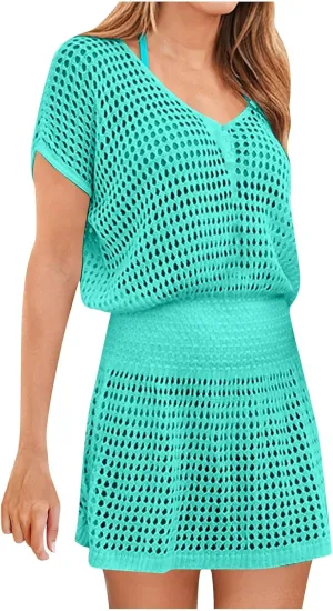 Women Crochet Swim Cover Up Short Sleeve V Neck Bathing Suit Beach Dresses Summer Swimwear Cover Up Resort Wear 2025