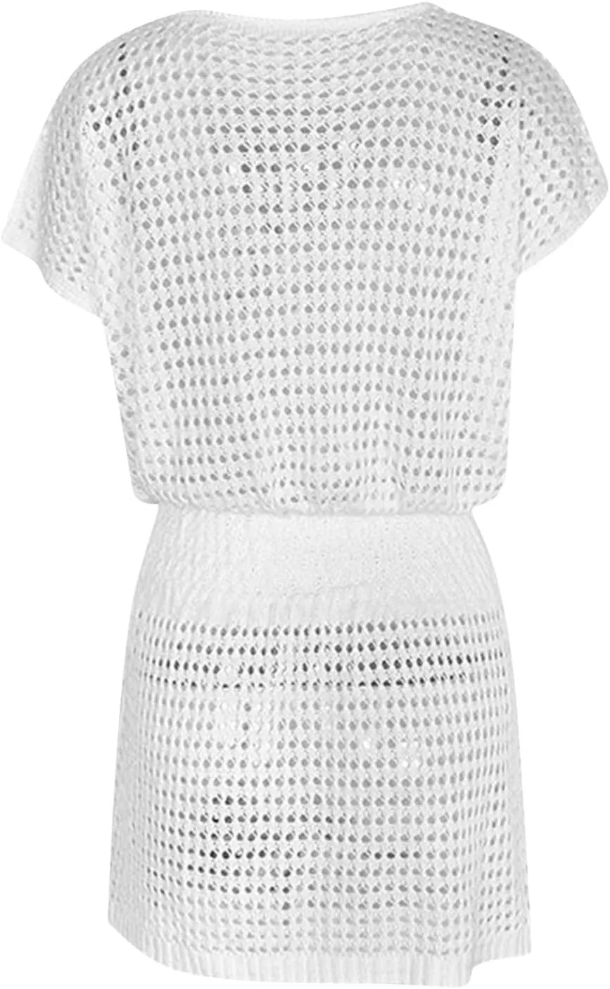 Women Crochet Swim Cover Up Short Sleeve V Neck Bathing Suit Beach Dresses Summer Swimwear Cover Up Resort Wear 2025