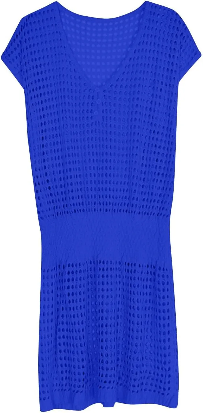Women Crochet Swim Cover Up Short Sleeve V Neck Bathing Suit Beach Dresses Summer Swimwear Cover Up Resort Wear 2025