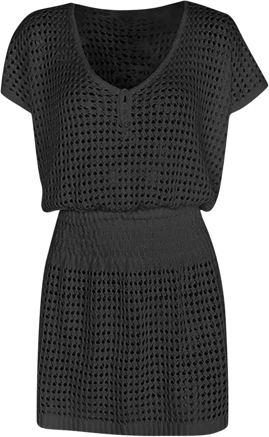 Women Crochet Swim Cover Up Short Sleeve V Neck Bathing Suit Beach Dresses Summer Swimwear Cover Up Resort Wear 2025