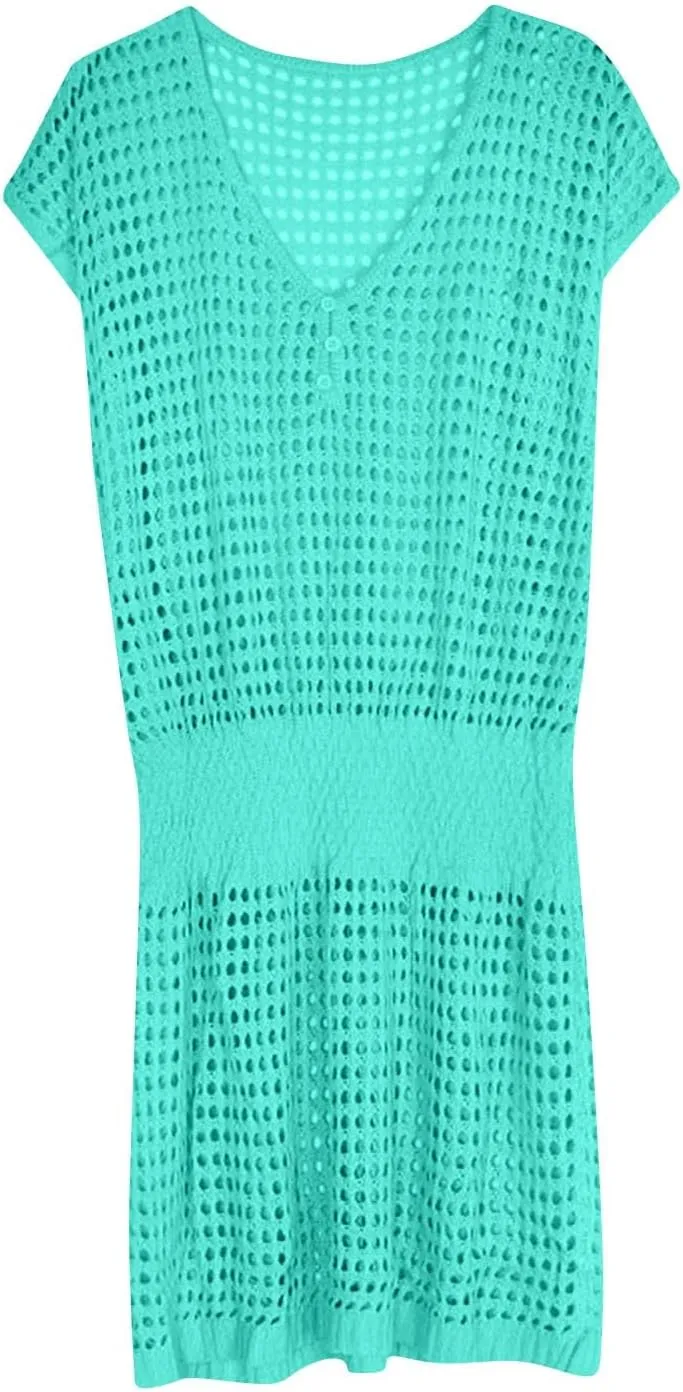 Women Crochet Swim Cover Up Short Sleeve V Neck Bathing Suit Beach Dresses Summer Swimwear Cover Up Resort Wear 2025