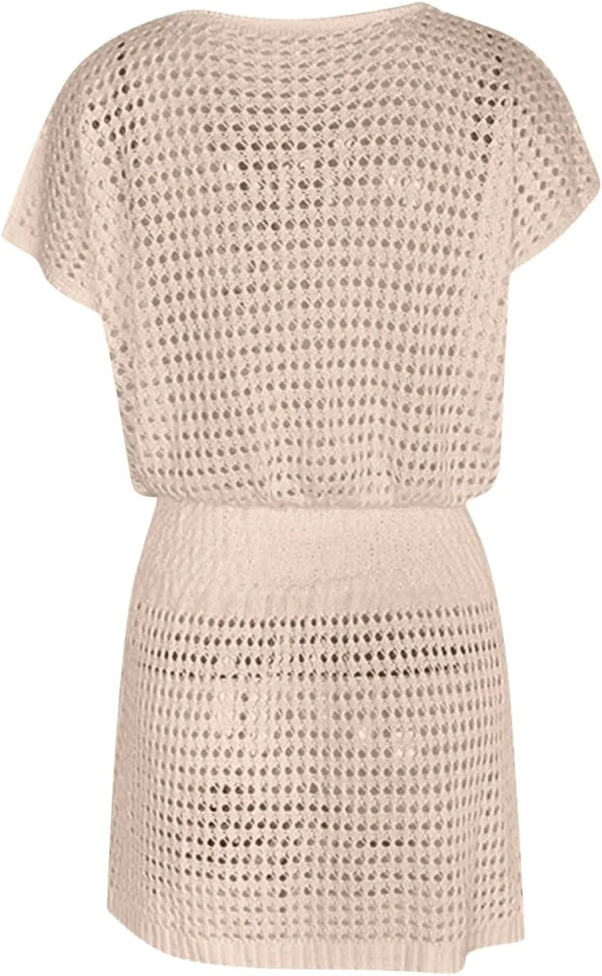 Women Crochet Swim Cover Up Short Sleeve V Neck Bathing Suit Beach Dresses Summer Swimwear Cover Up Resort Wear 2025