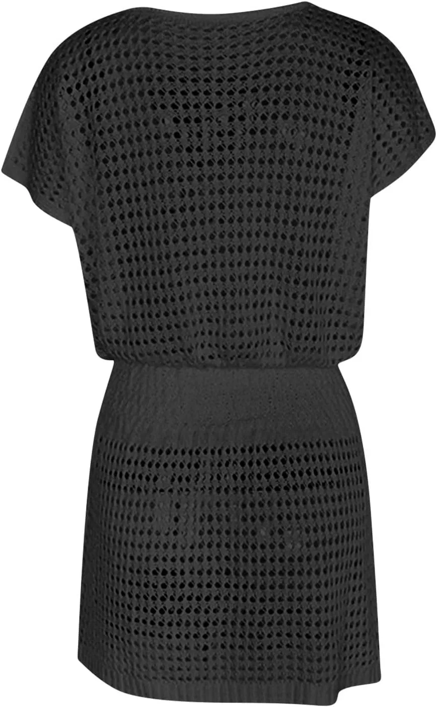 Women Crochet Swim Cover Up Short Sleeve V Neck Bathing Suit Beach Dresses Summer Swimwear Cover Up Resort Wear 2025