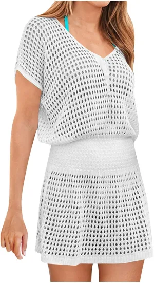 Women Crochet Swim Cover Up Short Sleeve V Neck Bathing Suit Beach Dresses Summer Swimwear Cover Up Resort Wear 2025