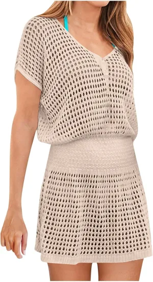 Women Crochet Swim Cover Up Short Sleeve V Neck Bathing Suit Beach Dresses Summer Swimwear Cover Up Resort Wear 2025