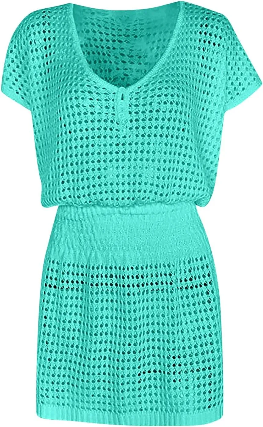 Women Crochet Swim Cover Up Short Sleeve V Neck Bathing Suit Beach Dresses Summer Swimwear Cover Up Resort Wear 2025