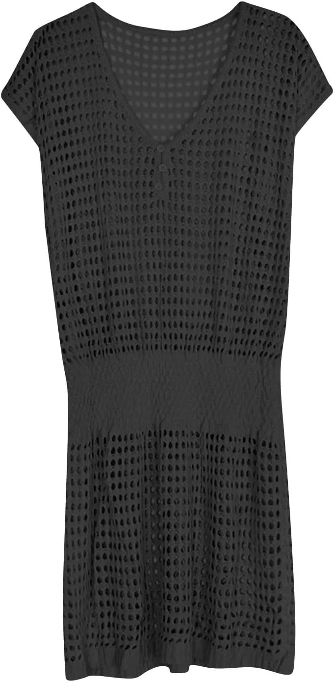 Women Crochet Swim Cover Up Short Sleeve V Neck Bathing Suit Beach Dresses Summer Swimwear Cover Up Resort Wear 2025