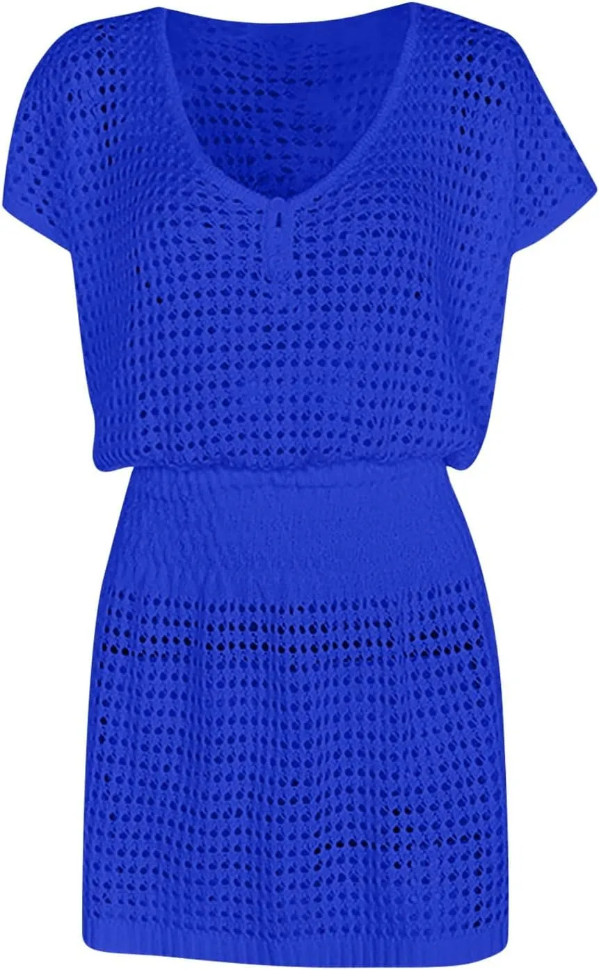 Women Crochet Swim Cover Up Short Sleeve V Neck Bathing Suit Beach Dresses Summer Swimwear Cover Up Resort Wear 2025