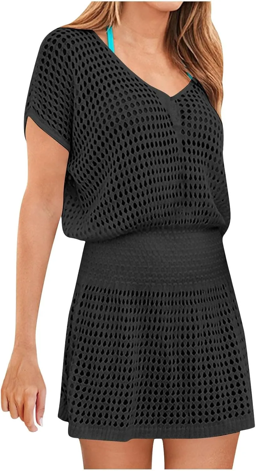 Women Crochet Swim Cover Up Short Sleeve V Neck Bathing Suit Beach Dresses Summer Swimwear Cover Up Resort Wear 2025
