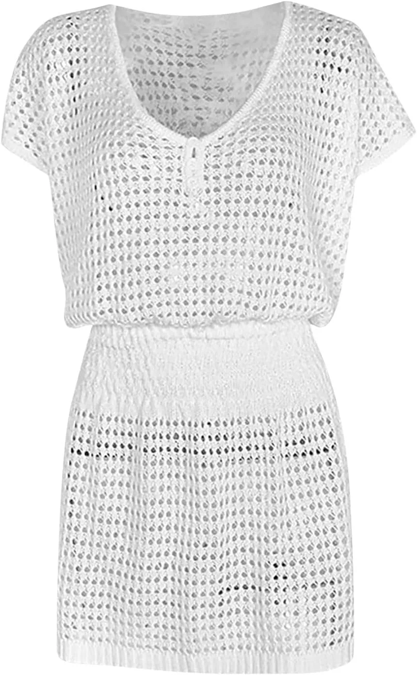 Women Crochet Swim Cover Up Short Sleeve V Neck Bathing Suit Beach Dresses Summer Swimwear Cover Up Resort Wear 2025