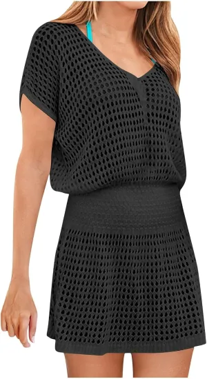 Women Crochet Swim Cover Up Short Sleeve V Neck Bathing Suit Beach Dresses Summer Swimwear Cover Up Resort Wear 2025