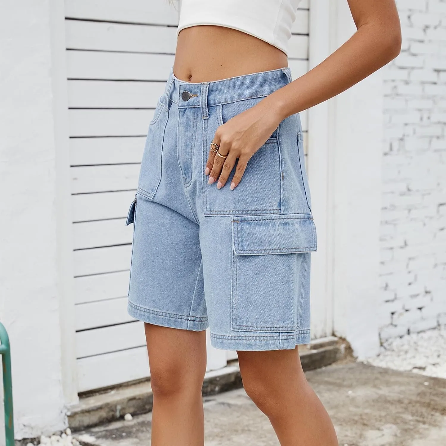 Women Denim Shorts High Waisted Straight Leg Casual Cargo Jean Shorts Summer Knee Length Bermuda Short with Pockets