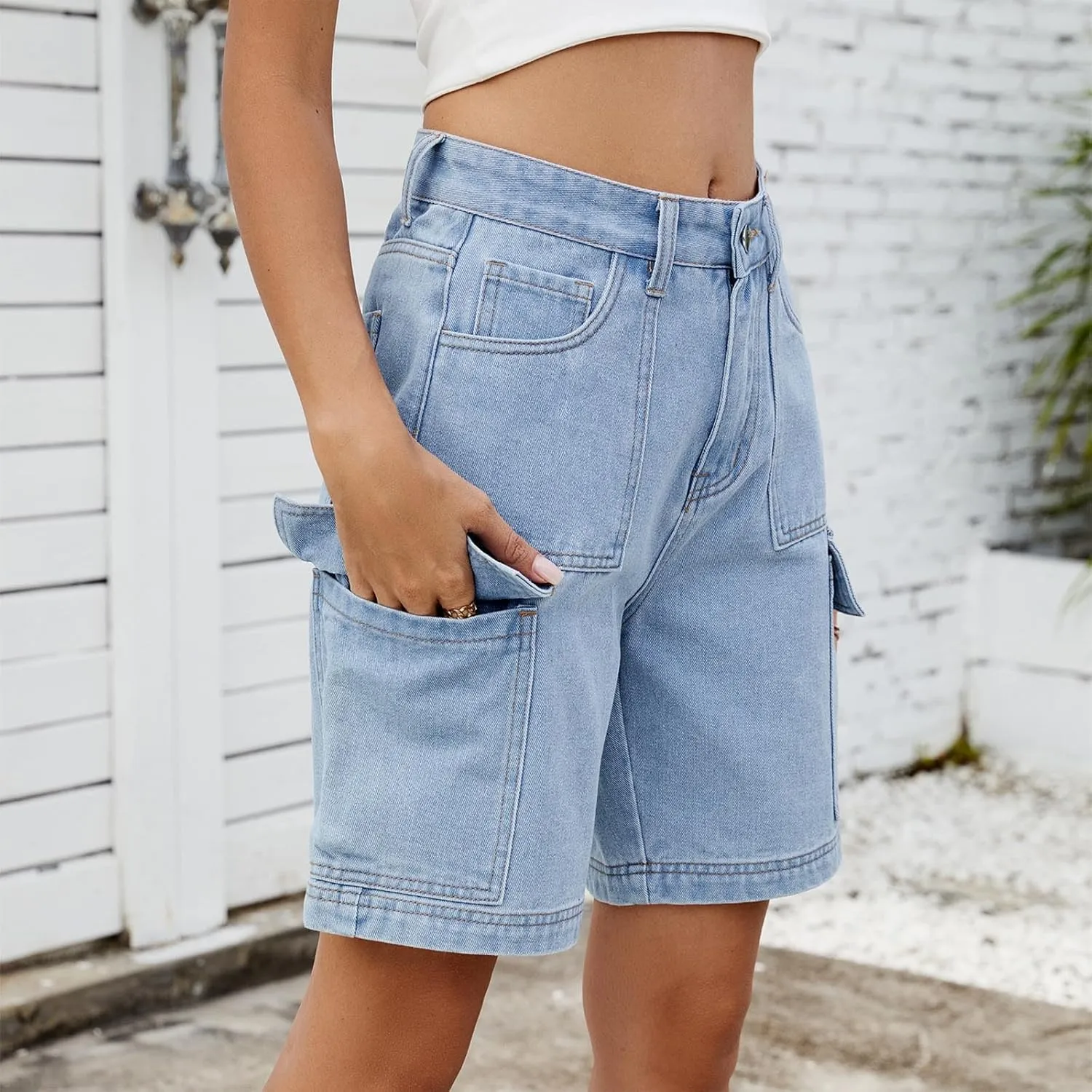 Women Denim Shorts High Waisted Straight Leg Casual Cargo Jean Shorts Summer Knee Length Bermuda Short with Pockets