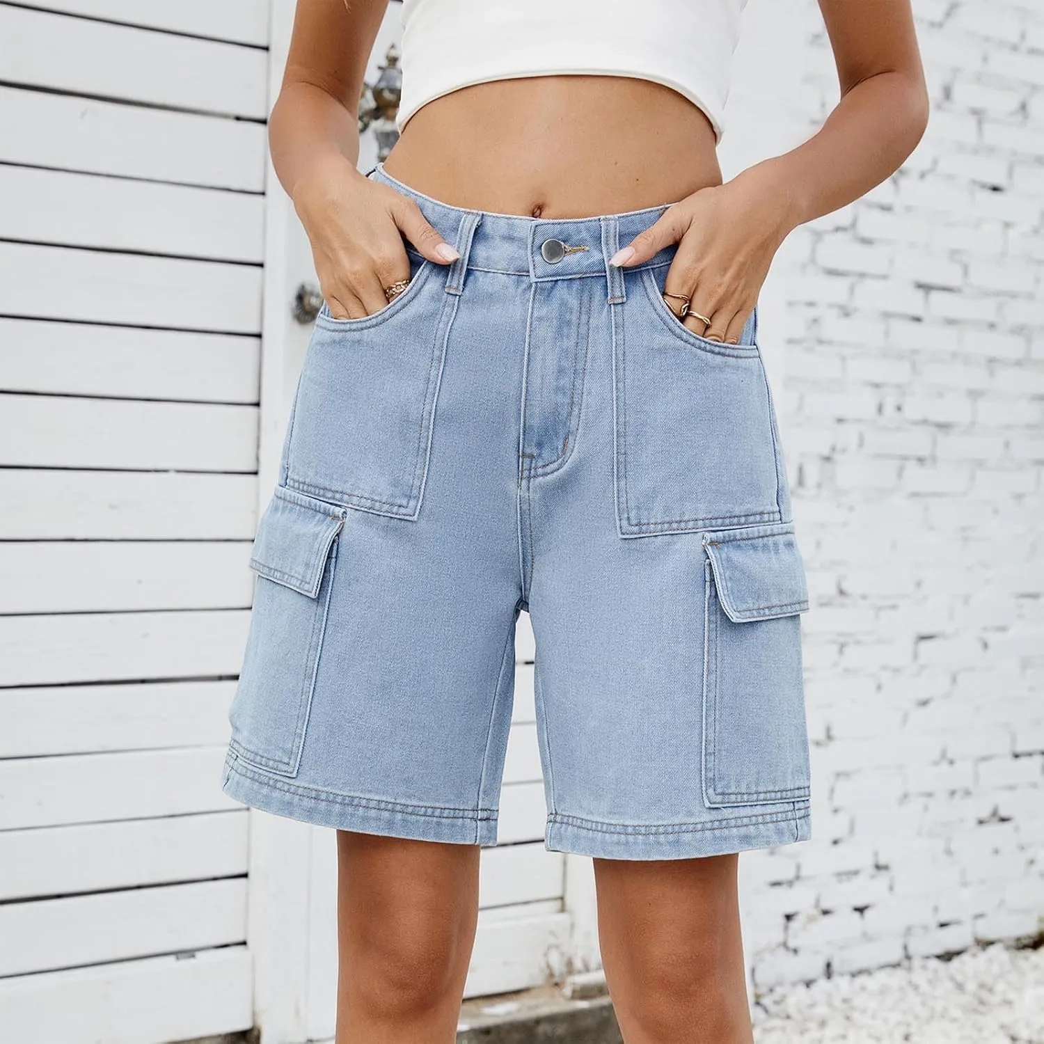 Women Denim Shorts High Waisted Straight Leg Casual Cargo Jean Shorts Summer Knee Length Bermuda Short with Pockets