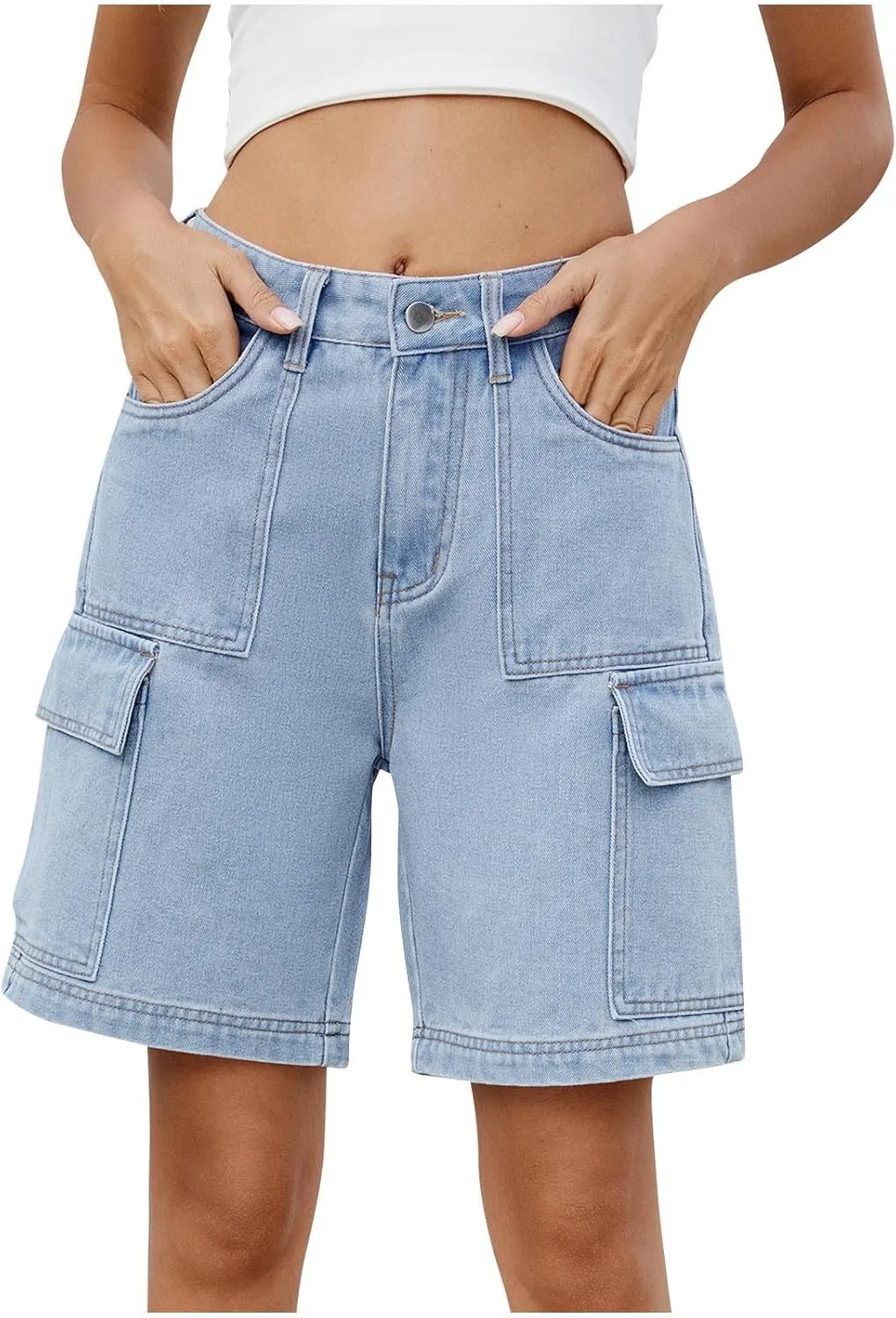Women Denim Shorts High Waisted Straight Leg Casual Cargo Jean Shorts Summer Knee Length Bermuda Short with Pockets