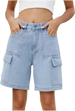 Women Denim Shorts High Waisted Straight Leg Casual Cargo Jean Shorts Summer Knee Length Bermuda Short with Pockets