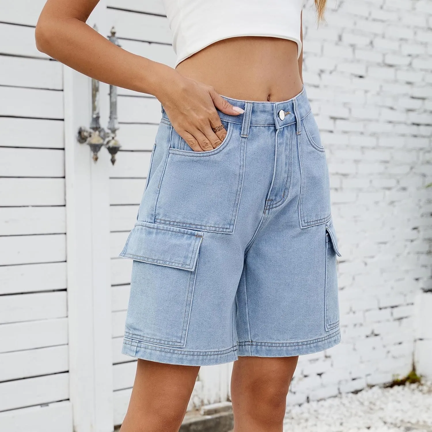 Women Denim Shorts High Waisted Straight Leg Casual Cargo Jean Shorts Summer Knee Length Bermuda Short with Pockets