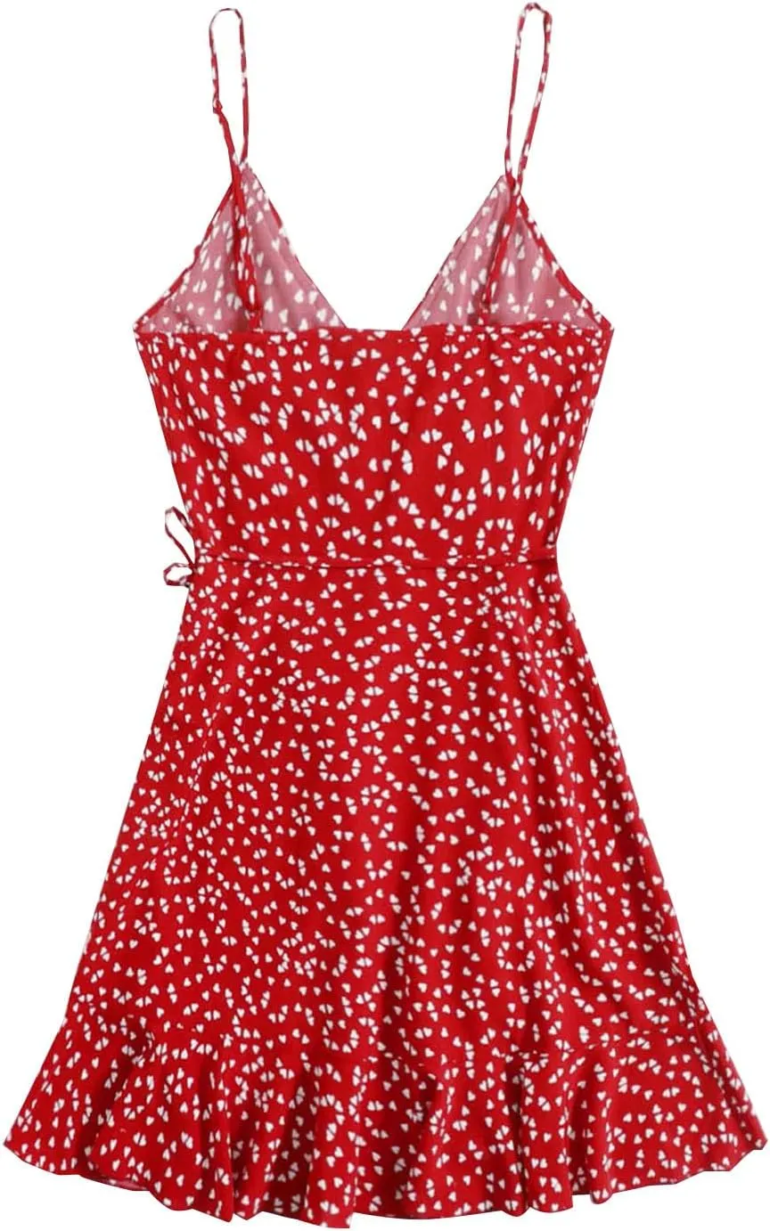 Women Fashion Boho Beach Mini Dress, Summer Sleeveless Spaghetti Strap Sundress Fashion Tie-Up Ruched Casual Dresses