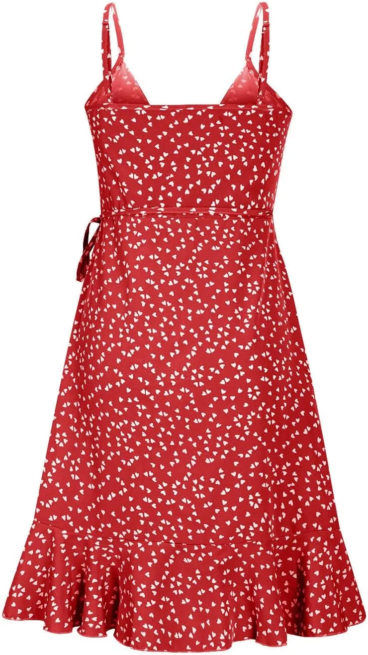 Women Fashion Boho Beach Mini Dress, Summer Sleeveless Spaghetti Strap Sundress Fashion Tie-Up Ruched Casual Dresses