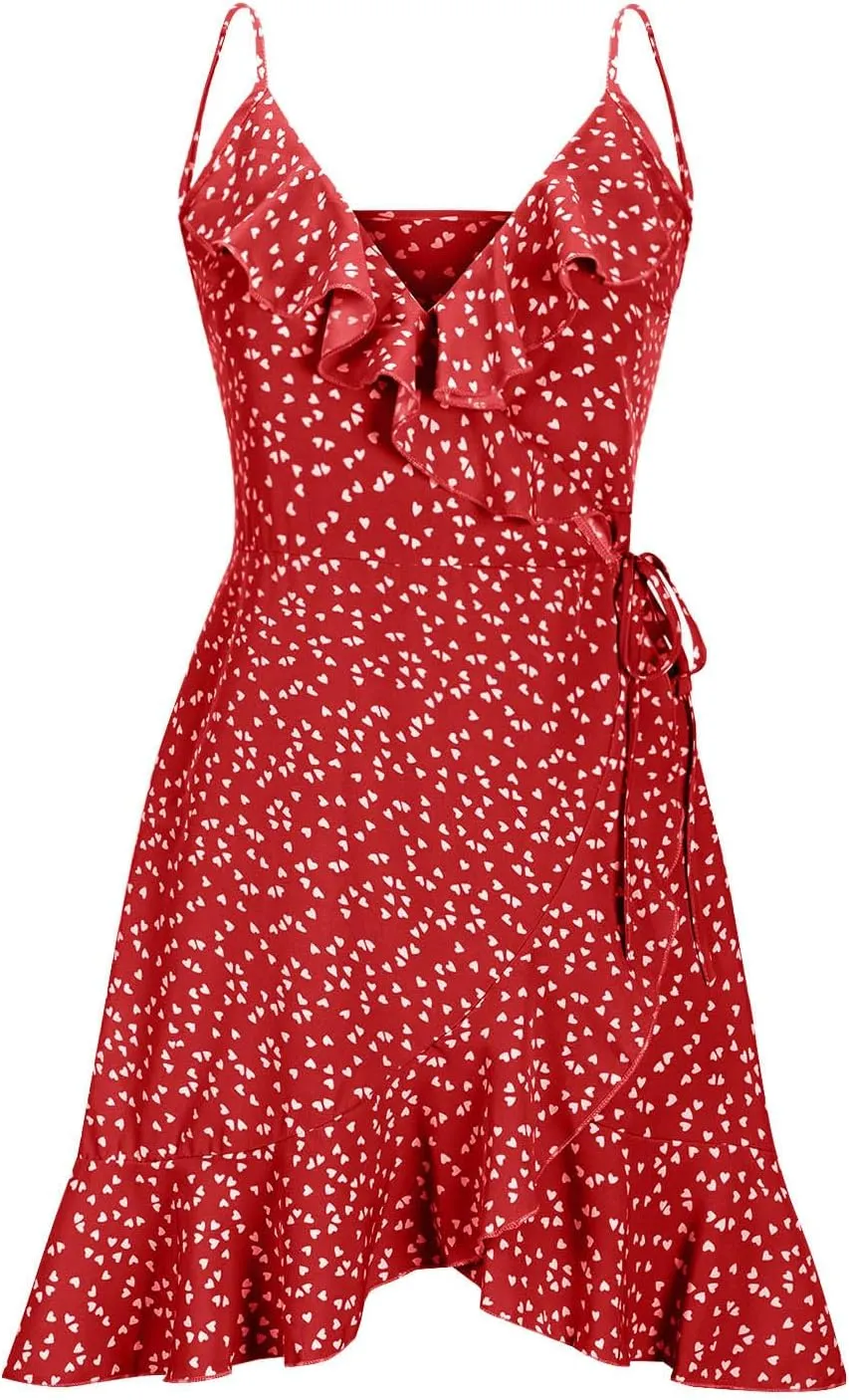 Women Fashion Boho Beach Mini Dress, Summer Sleeveless Spaghetti Strap Sundress Fashion Tie-Up Ruched Casual Dresses