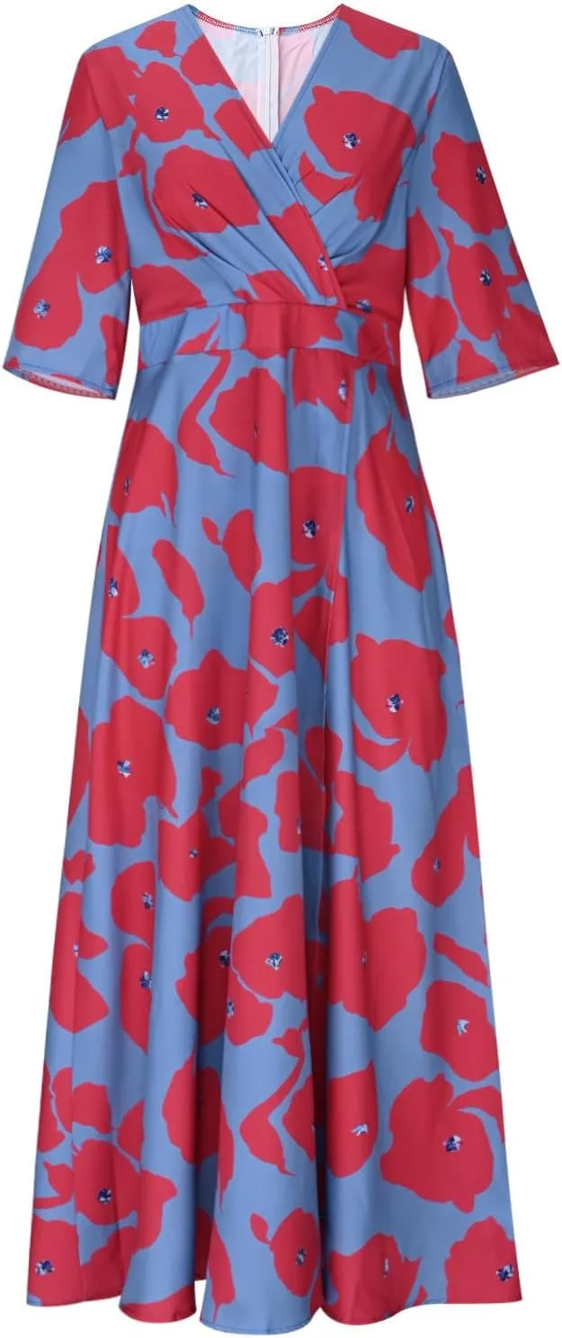 Women Floral Boho Dresses Casual Loose Flowy Sundress Short Sleeve Long Maxi 2025 Summer Beach Swing Dress