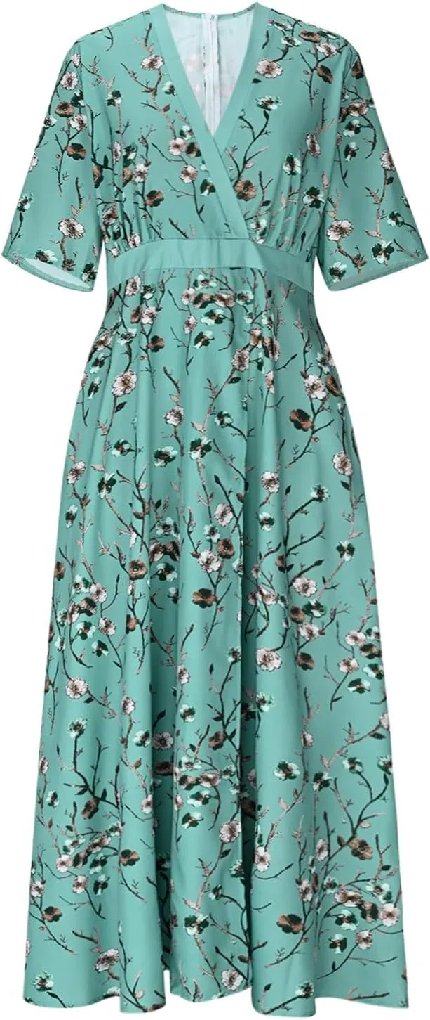 Women Floral Boho Dresses Casual Loose Flowy Sundress Short Sleeve Long Maxi 2025 Summer Beach Swing Dress