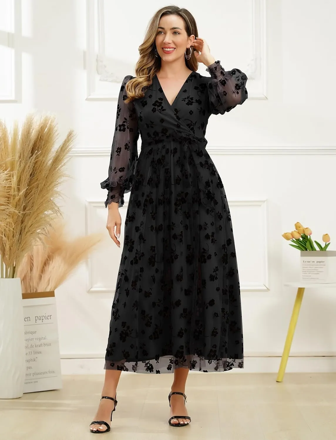 Women Floral Embroidered Maxi Dress Long Puff Sleeve Tulle Prom Dresses Belt V Neck Lantern Long Sleeve Homecoming Dresses