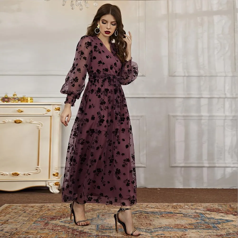 Women Floral Embroidered Maxi Dress Long Puff Sleeve Tulle Prom Dresses Belt V Neck Lantern Long Sleeve Homecoming Dresses