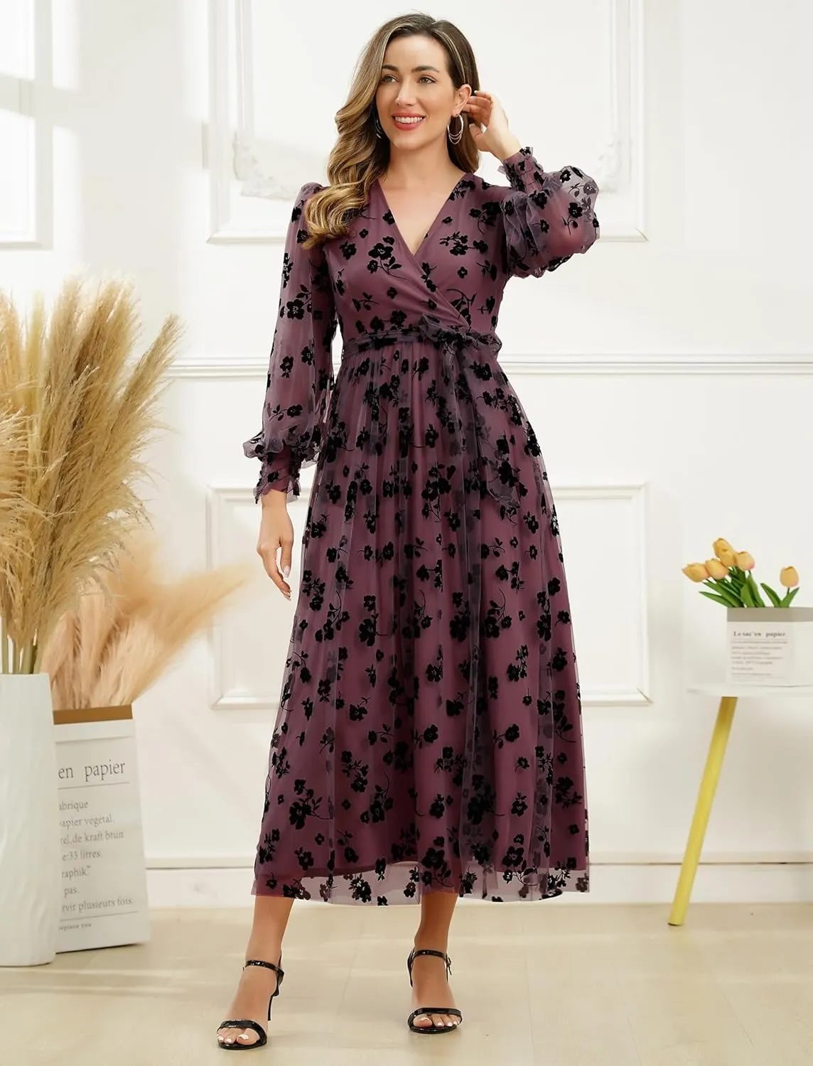 Women Floral Embroidered Maxi Dress Long Puff Sleeve Tulle Prom Dresses Belt V Neck Lantern Long Sleeve Homecoming Dresses