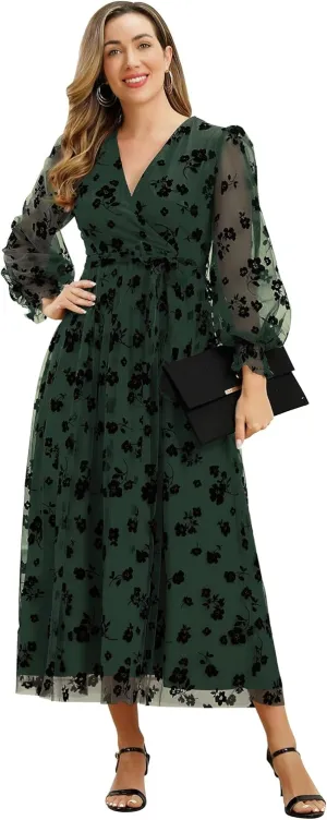 Women Floral Embroidered Maxi Dress Long Puff Sleeve Tulle Prom Dresses Belt V Neck Lantern Long Sleeve Homecoming Dresses