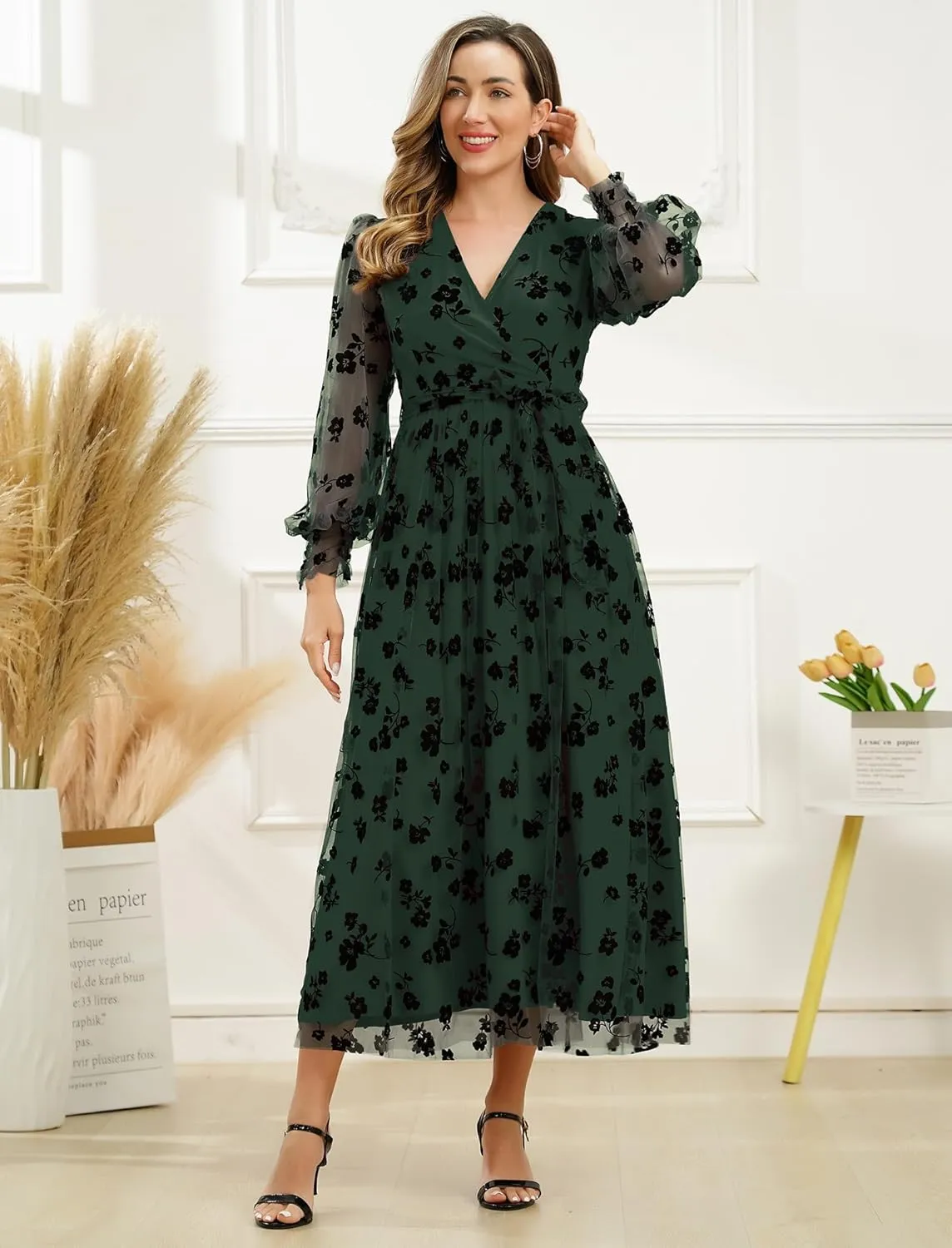 Women Floral Embroidered Maxi Dress Long Puff Sleeve Tulle Prom Dresses Belt V Neck Lantern Long Sleeve Homecoming Dresses